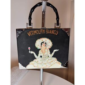 Vintage Handmade Vermouth Cigar Box Purse Sequined Woman Bamboo Handle